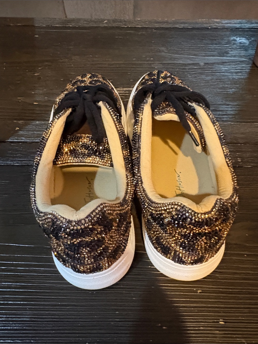 Betsey Johnson Black and Gold Leopard Crystal Low-Top Sneakers - Picture 5 of 7
